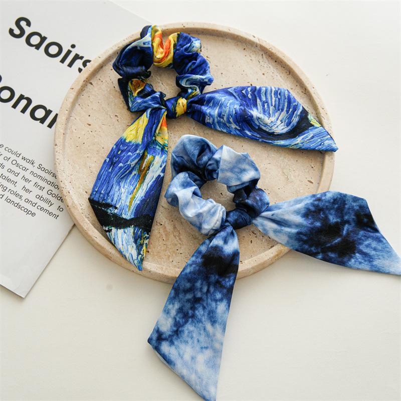 Oil Painting Print Long Ribbon Bow Scrunchies Elastic Ponytail Holder Exquisite Hair Tie Woman Rubber Band Hair Accessories Girl
