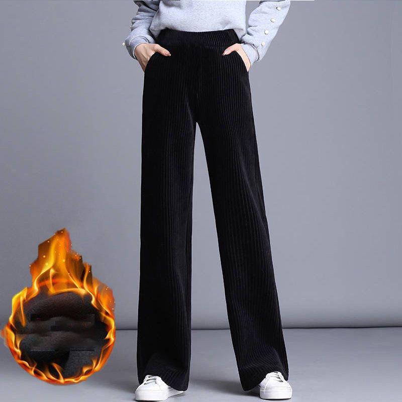 Fleece Pluche Dik Warm Letter Strepen Hoge Taille Corduroy Rechte OL Wijde Pijp Lange Broek Dames Winter Casual Broek Kleding