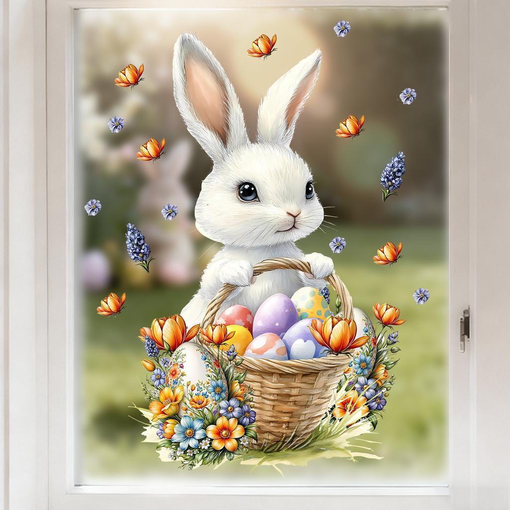 Cute Cartoon Easter Bunny Eggs Butterflies Static Cling Window Stickers No Glue Removable for Bedroom Living Room Study Holiday Decor