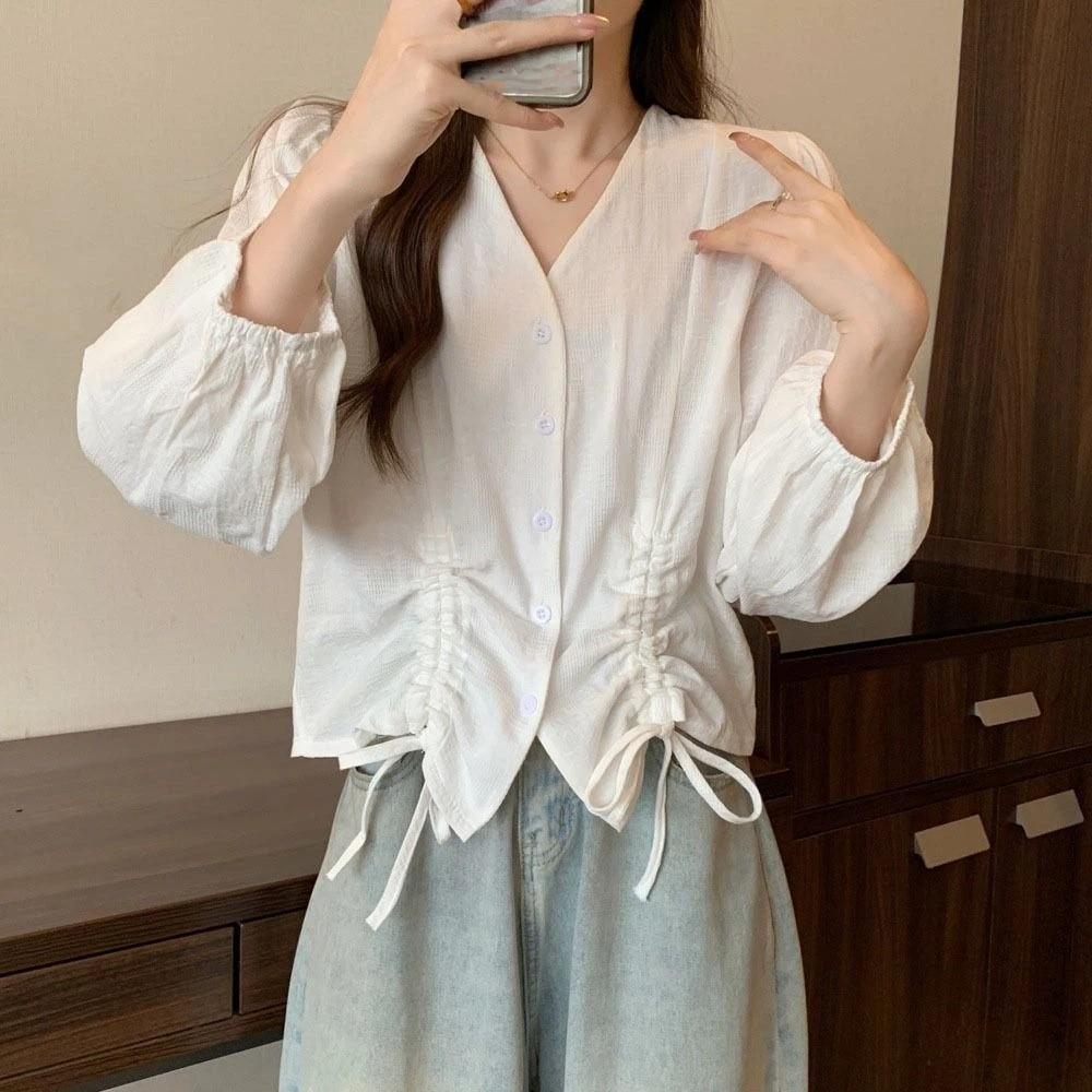 Loose Long Sleeve Shirts V-neck Ladies Shirt Top Sweet Lace-up Drawstring Blouse  Girls