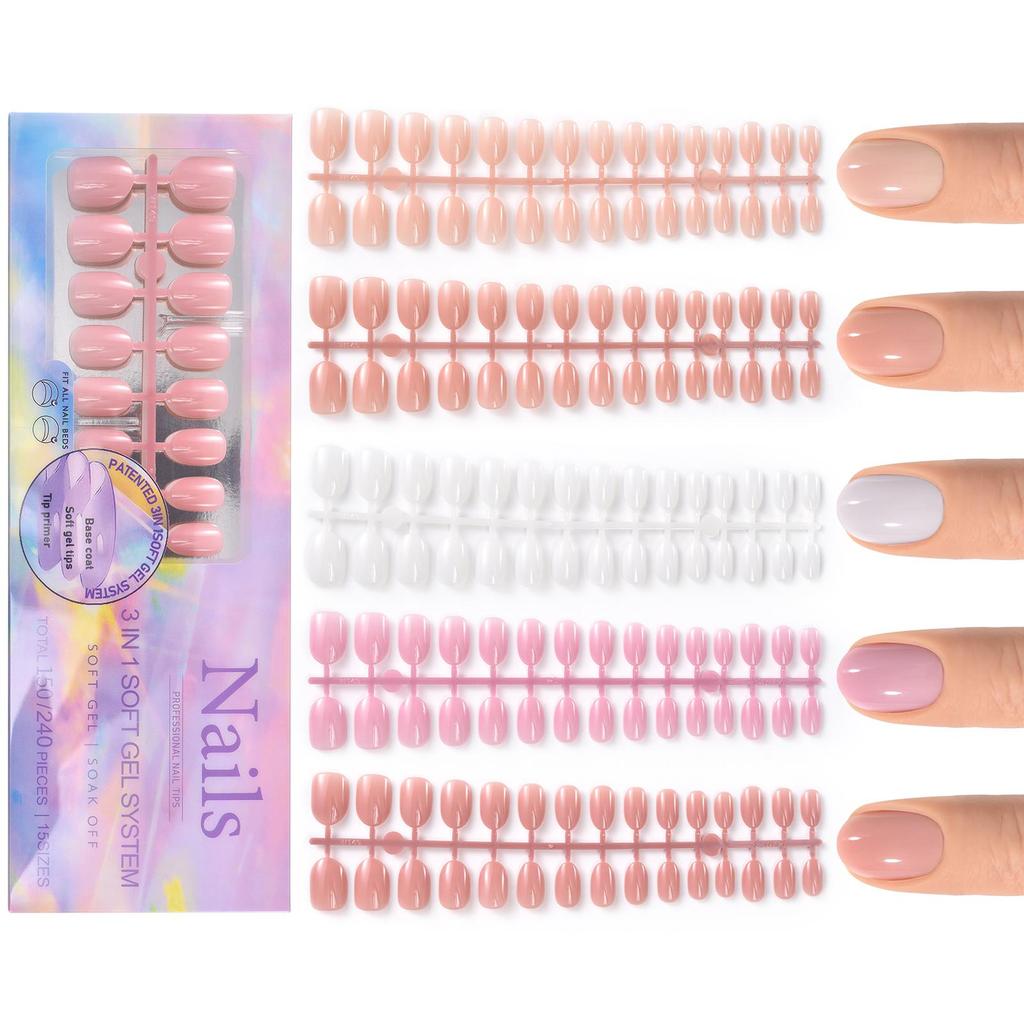 150pcs 3-IN-1 Press On Nails Nude Color Wearable Fake Nail Tips Full Cover Artificial Fingernails Almond Ballet Nail Extensions