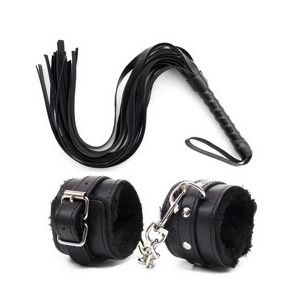 2Pcs/set PU Leather Erotic Handcuffs Ankle Cuff Restraints with Whip BDSM Bondage Slave Sex Toays for Couple Adult Game Flogger