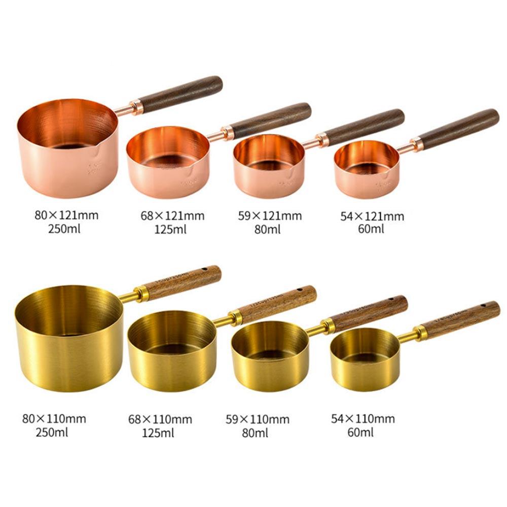 4Pcs Gold Plated Stainless Steel Measuring Cup Measuring Spoon Set Acacia Wood Handle Measuring Spoon Tool Kitchen Baking Tools