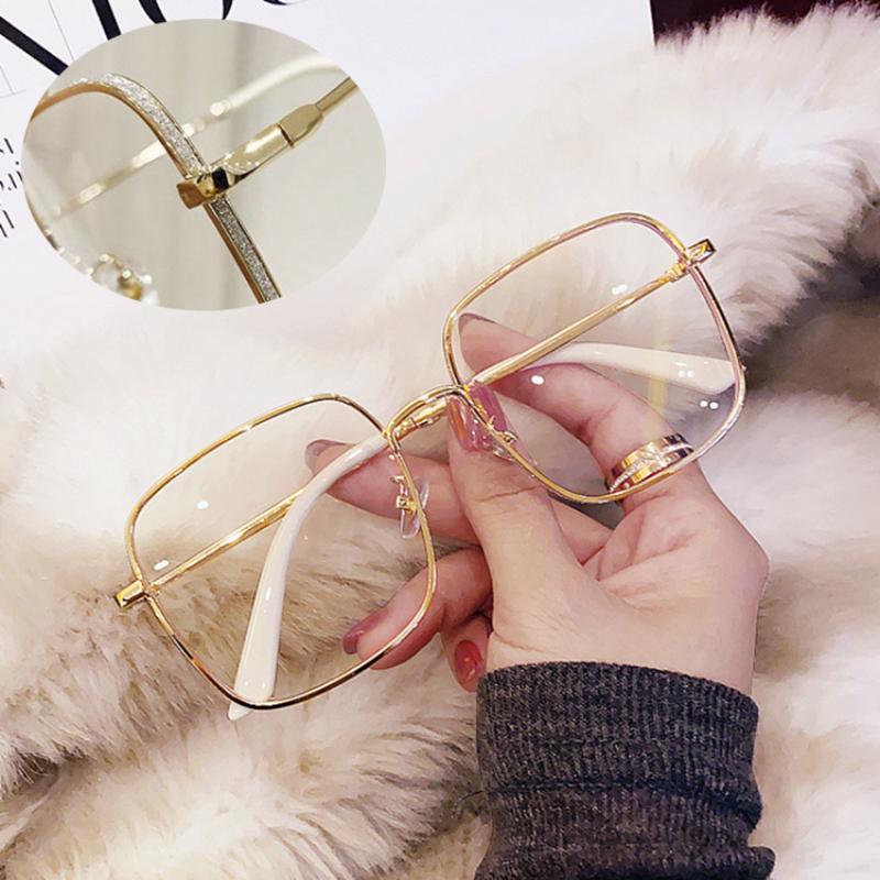 Oversize Square Shaped Plano Glasses for For Women and For Men Anti Blue Light Blocking Round Eye Glasses Shiny Glitter Frame Computer Eye Wear