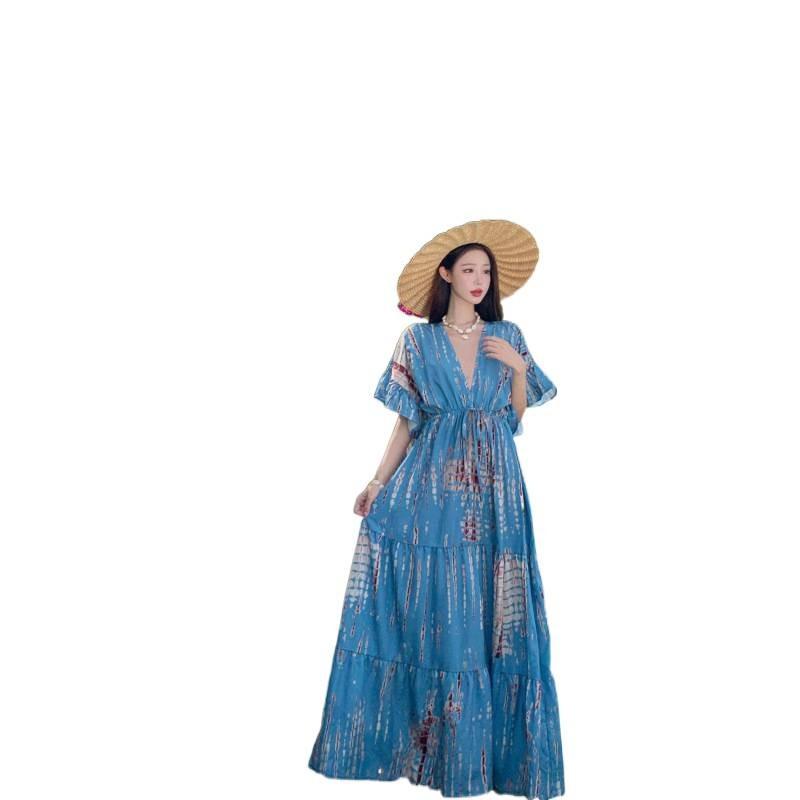 Bali Wear Blue Collar Print Beach Dress Seaside Vacation Bohemian Dress