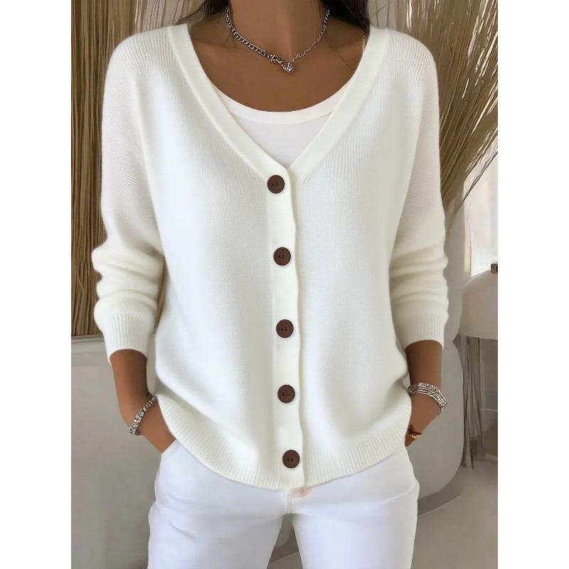 Damen einfarbiger V-Ausschnitt einreihiger Cardigan mit langen Ärmeln locker gestrickt lässiger Pullover Mantel