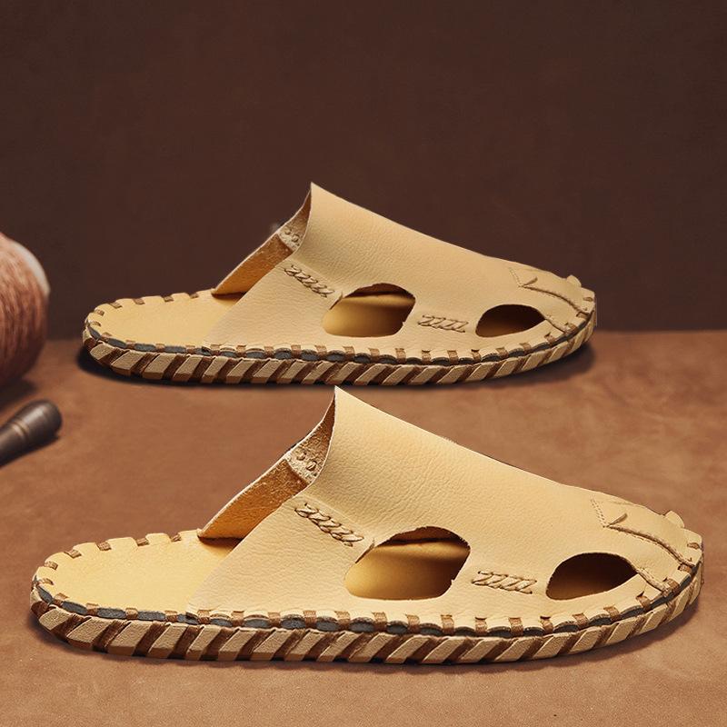 Baotou Slippers Men's Summer Wear Beach Sandals Leather Non-slip One-pedal Lazy Without Heel Half Slippers
