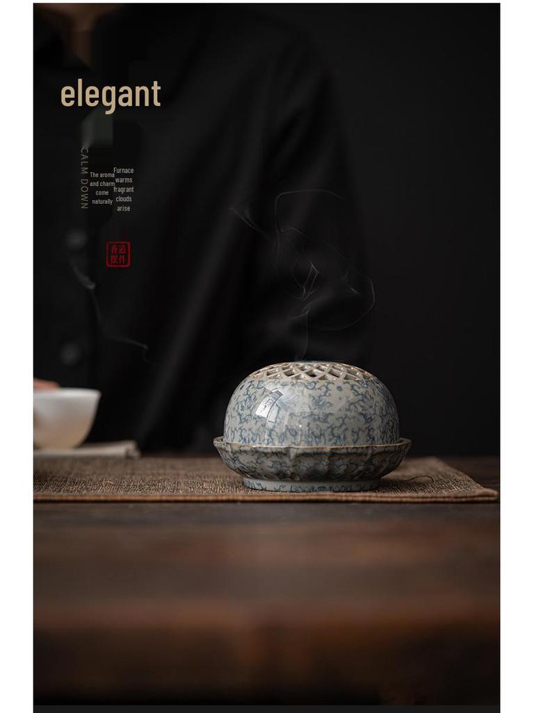 Chinese Retro Blue and White Ceramic Incense Burner Ornament