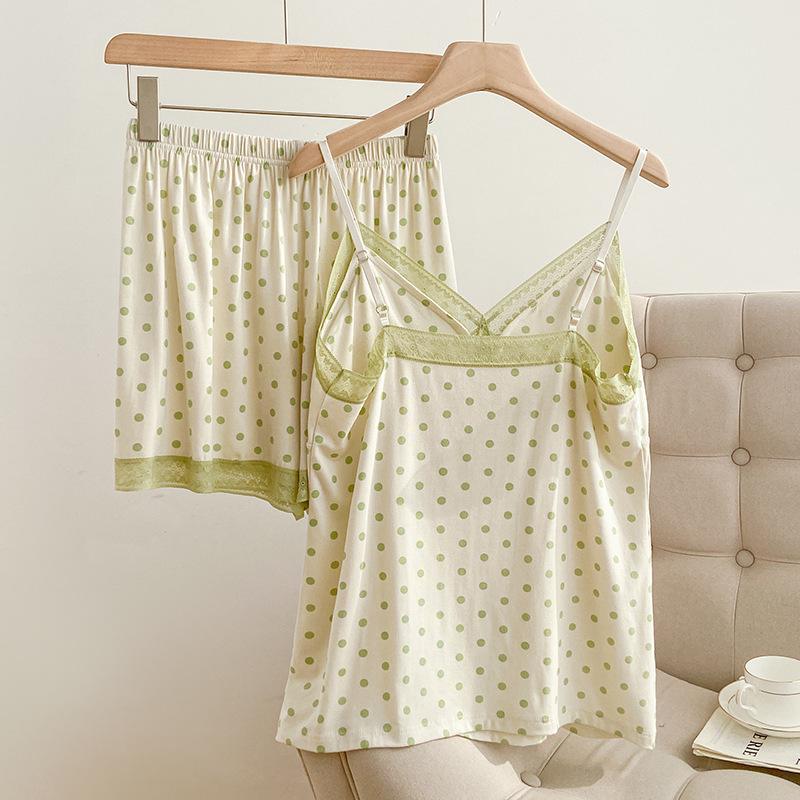 Girly Polka Dot Modal Camisole Pajama Set with V-Strap and Padding - Comfortable Summer Homewear