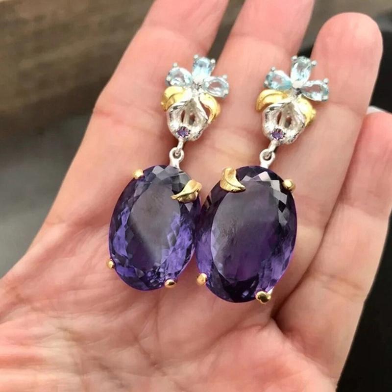 Huitan Newly Designed Women Earrings Blue Flower Oval Purple Cubic Zirconia Gorgeous Female Earrings Fancy Gift Trendy Jewelry