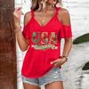 T-shirt décontracté pour femme à épaules dénudées et bretelles à nouer, col en V, manches courtes, haut d'été avec imprimé USA et coupe ample pour un usage quotidien