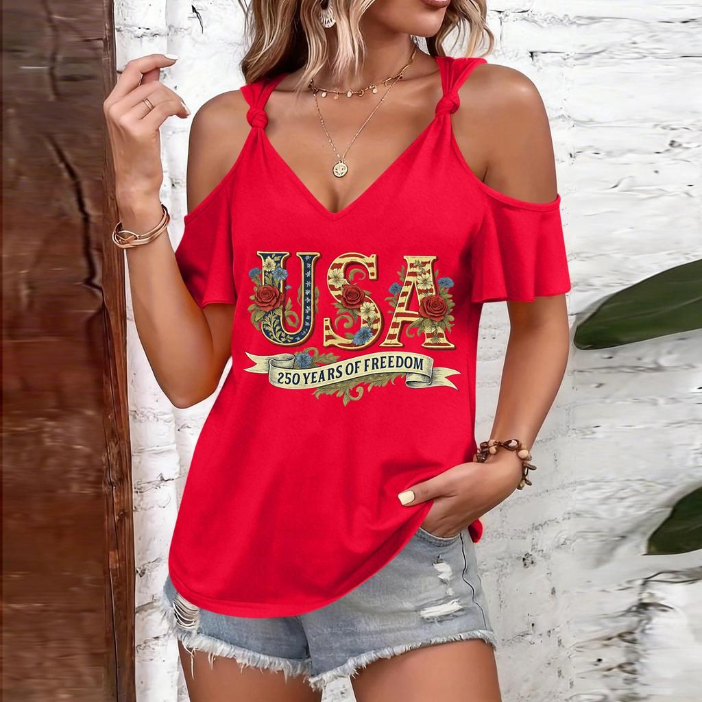 T-shirt décontracté pour femme à épaules dénudées et bretelles à nouer, col en V, manches courtes, haut d'été avec imprimé USA et coupe ample pour un usage quotidien