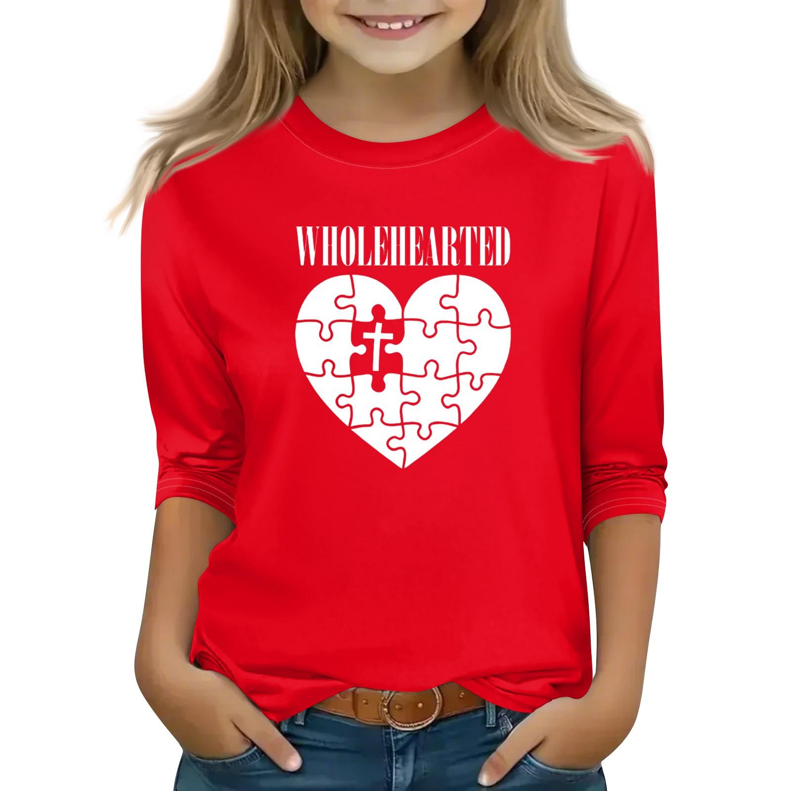 

Print Tops For Youth Girls Round Neck 3/4 Sleeves T-Shirts Trendy Tops Outfit Tees 140