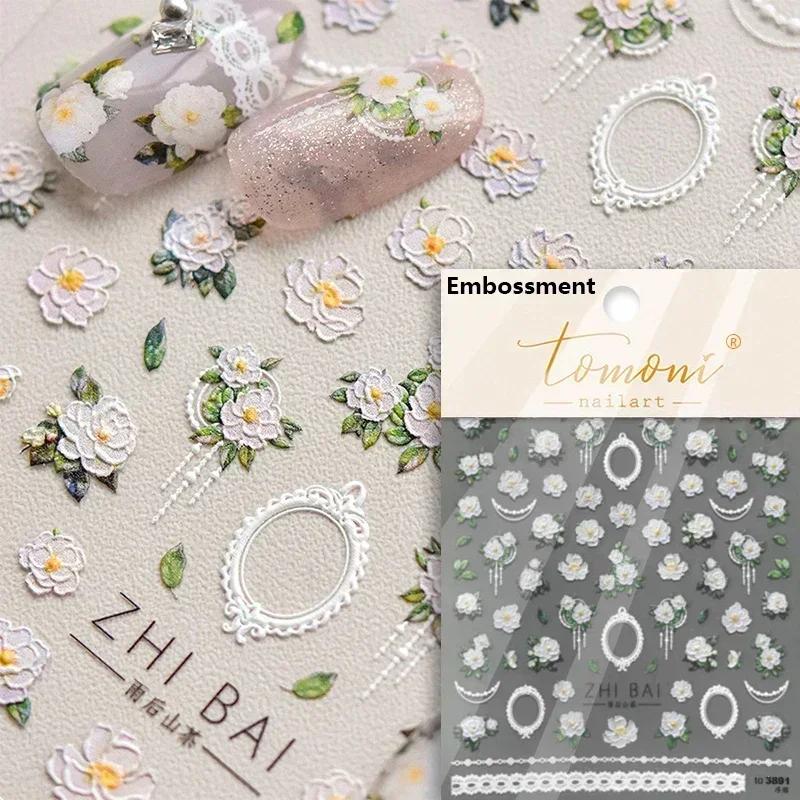 Gold Stamped Blooming Red Peony 3D Self-Adhesive Nail Art Stickers Lily Magnolia Camellia Daisy Rose Manicure Decals