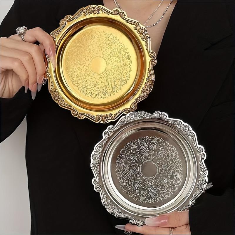 4pcs Vintage Light Luxury Style Metal Jewelry Tray Multifun Metal Cake Plate Afternoon Tea Pastry Trays Storage Plates Ornaments