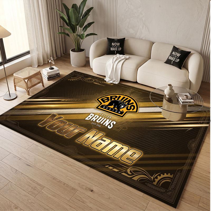 Custom Rug Boston Bruins Pattern Print Name Text Soft Non‑Slip Floor Carpet for Home Indoor Decoration