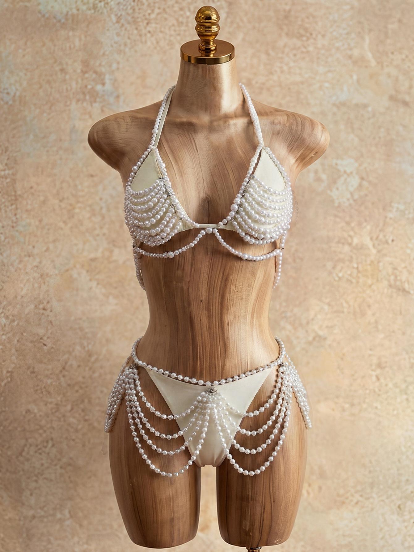 New White Pearl Split Swimsuit Female Sexy Bikini Four-Piece Swimsuit Blouse Beachwear S