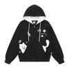 Unisex Oversize Bluza z Kapturem Rozpinana z Haftowaną Naszywką Kota Kieszeń Boczna Bawełna Luźny Krój Jesienny Codzienny Top