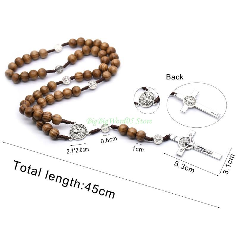 24TE Handmade Round Bead Rosary Necklace Men for Cross Jesus Pendant Catholic Religio