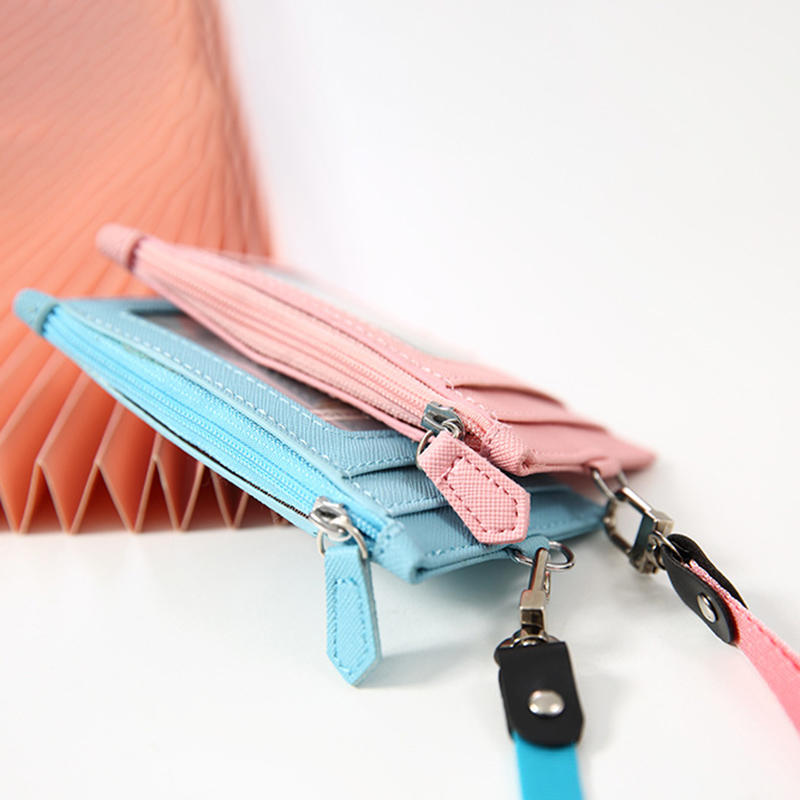 Casual Fashionable Pu Card Bag With Zipper Loose Change Bag With Hanging Rope Men'S And Women'S Card Mini Coin Bag Multiple Card Slots Id Card Bag