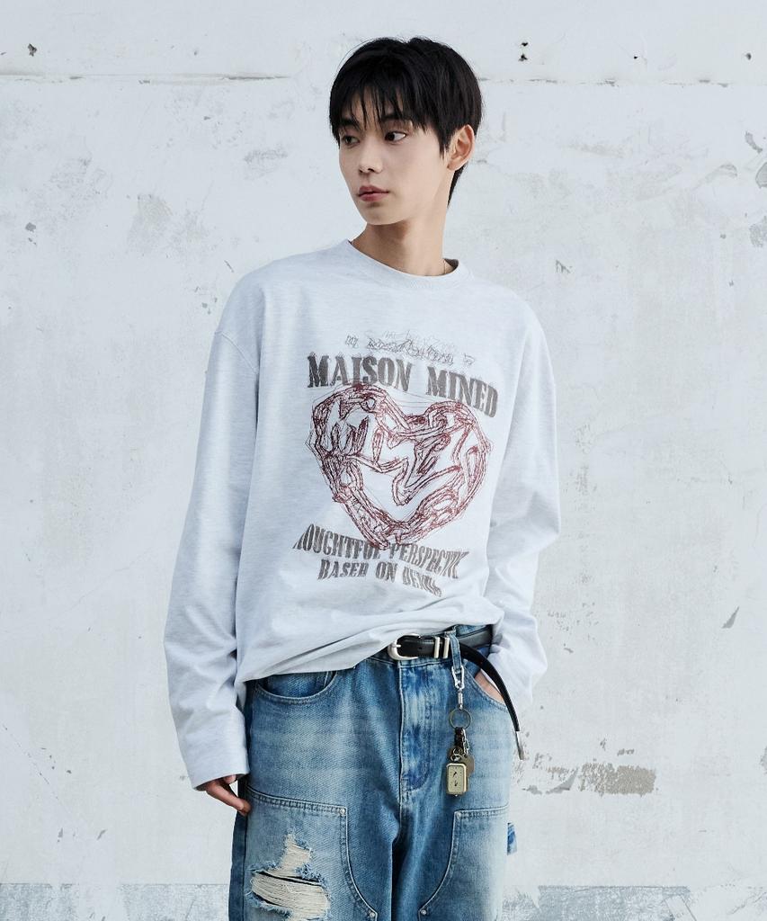 MAISON MINED Doodle Heart Long Sleeve Melange White