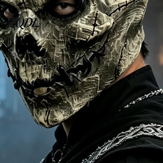 Realistic Stitching Texture Horror Latex Skull Masque, Scary Halloween Hood Masque with Detailed Props Stitched Texture, Creepy Costume Accessory for