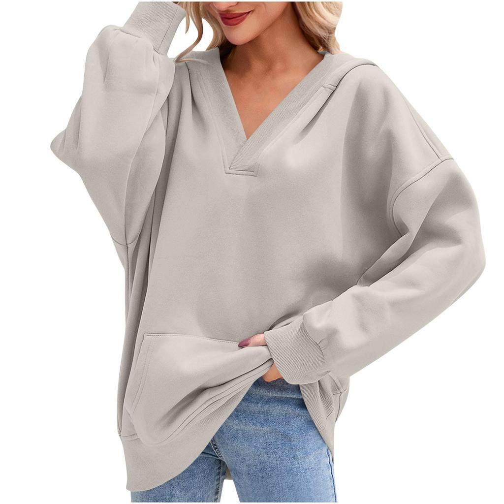 Damski swobodny pulower z dekoltem w serek, z długim rękawem, jednolity kolor, podszyty polarem, z kapturem, top