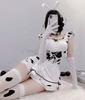 Lady Lazy Sexy Dairy Cow Maid Cosplay Costume, Perfect for Photoshoots, Mini Dress, White and Black Cow Print, Includes Knee-High Socks