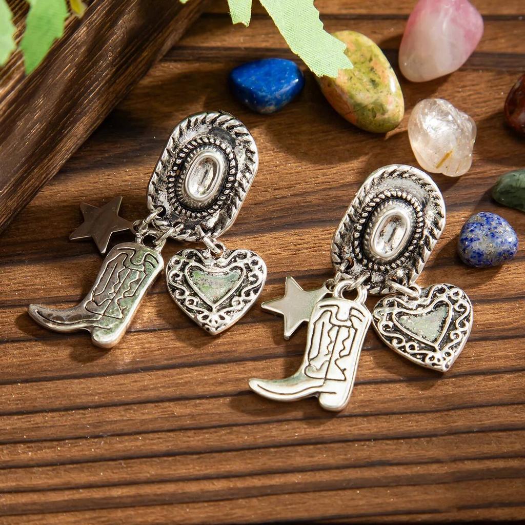 Salircon Vintage Creative Unique Cowboy Hat Boot Pendant Earrings for Women Punk Ethnic Irregular Metal Dangle Earrings Jewelry