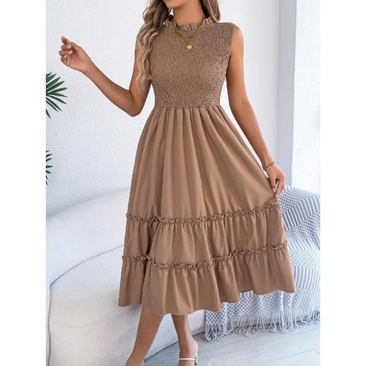 Spring Summer Women Sleeveless Smocked Waist Flowy Maxi Long Dress with Ruffle Trim Casual for European American Crossborder