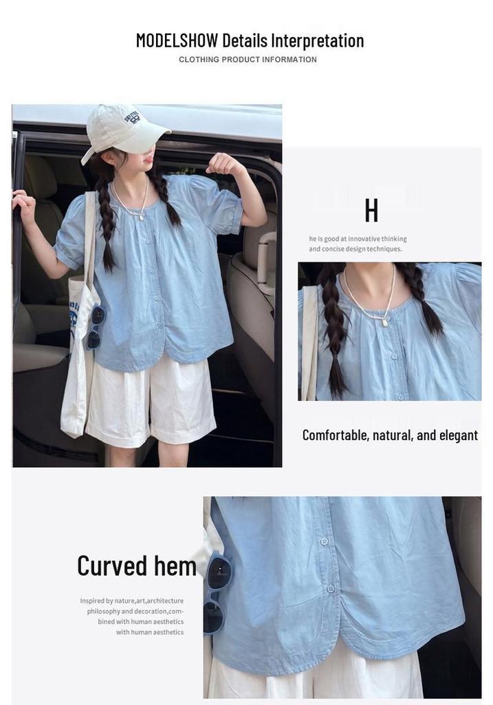 Girls' Korean Style Short-Sleeve Doll Shirt & Casual Shorts Two-Piece Summer Set