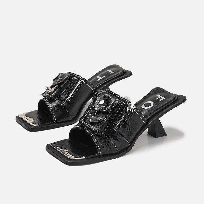 Summer Women New Genuine Leather Denim Open Toe Metal Strange Heels Concise Pleated Cut Out Modern Gladiator Slippers