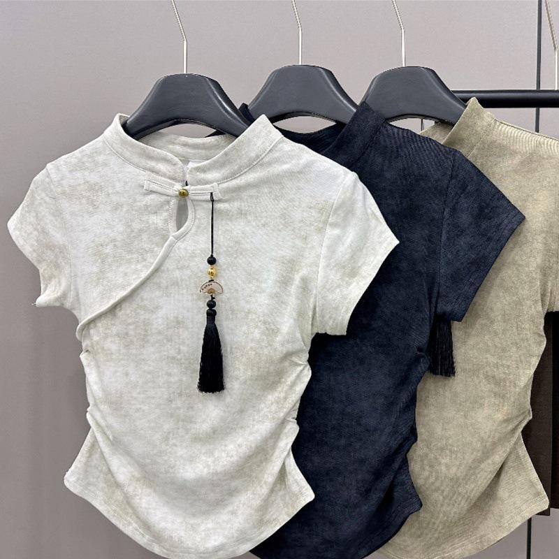 

Женская летняя китайская футболка с коротким рукавом на пуговицах Qianyu