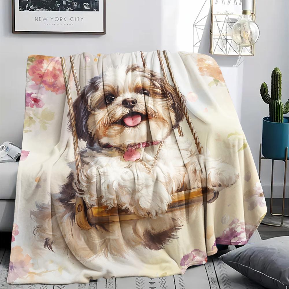 Cute Shih Tzu pattern Flannel Blanket, High quality Comfortable for All Seasons, Home Decor, Warmth and Comfort, Perfect for Gifts.