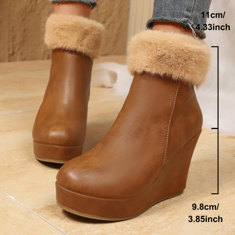 Chunky Platform Super High Heel Brown Ankle Boots Women  Winter Thick Bottom Wedge Heel Furry Short Boots Fluffy Fur Shoes