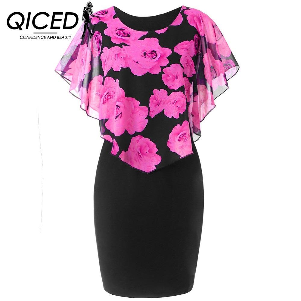 

QICED Черное сексуальное платье с прозрачной шалью и нежным цветочным принтом XXXXXL розы красного
