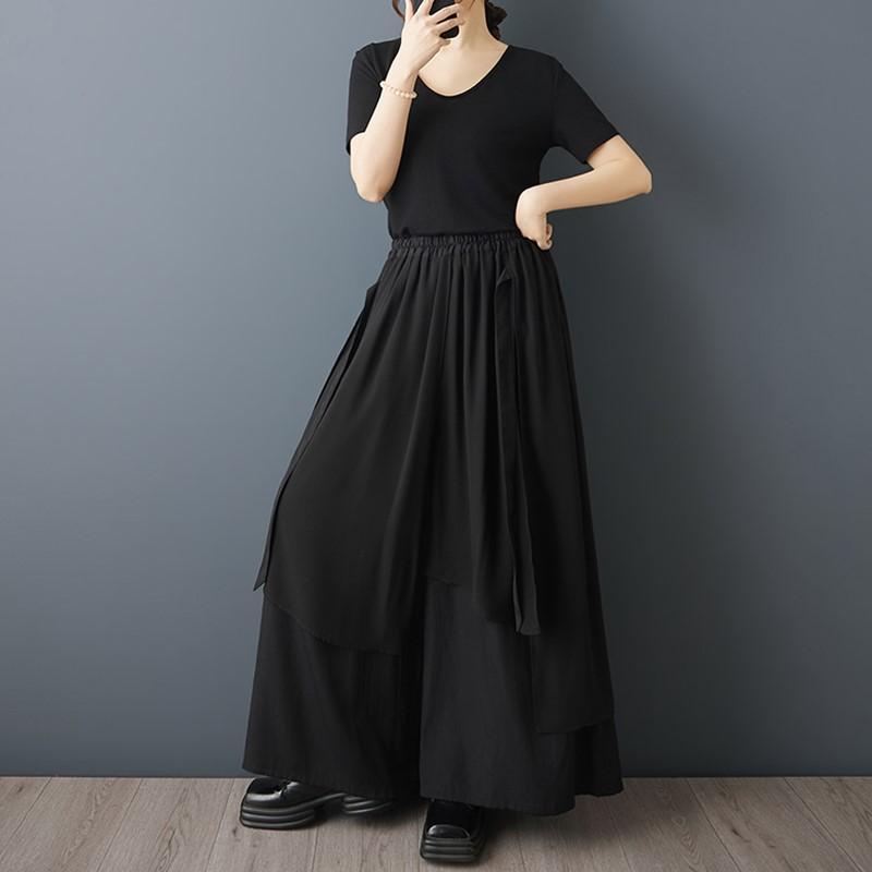 Taglie comode Vintage nero Vita alta Casual larghi lunghi Estivi gamba larga Pantaloni gonna Donna Pantaloni