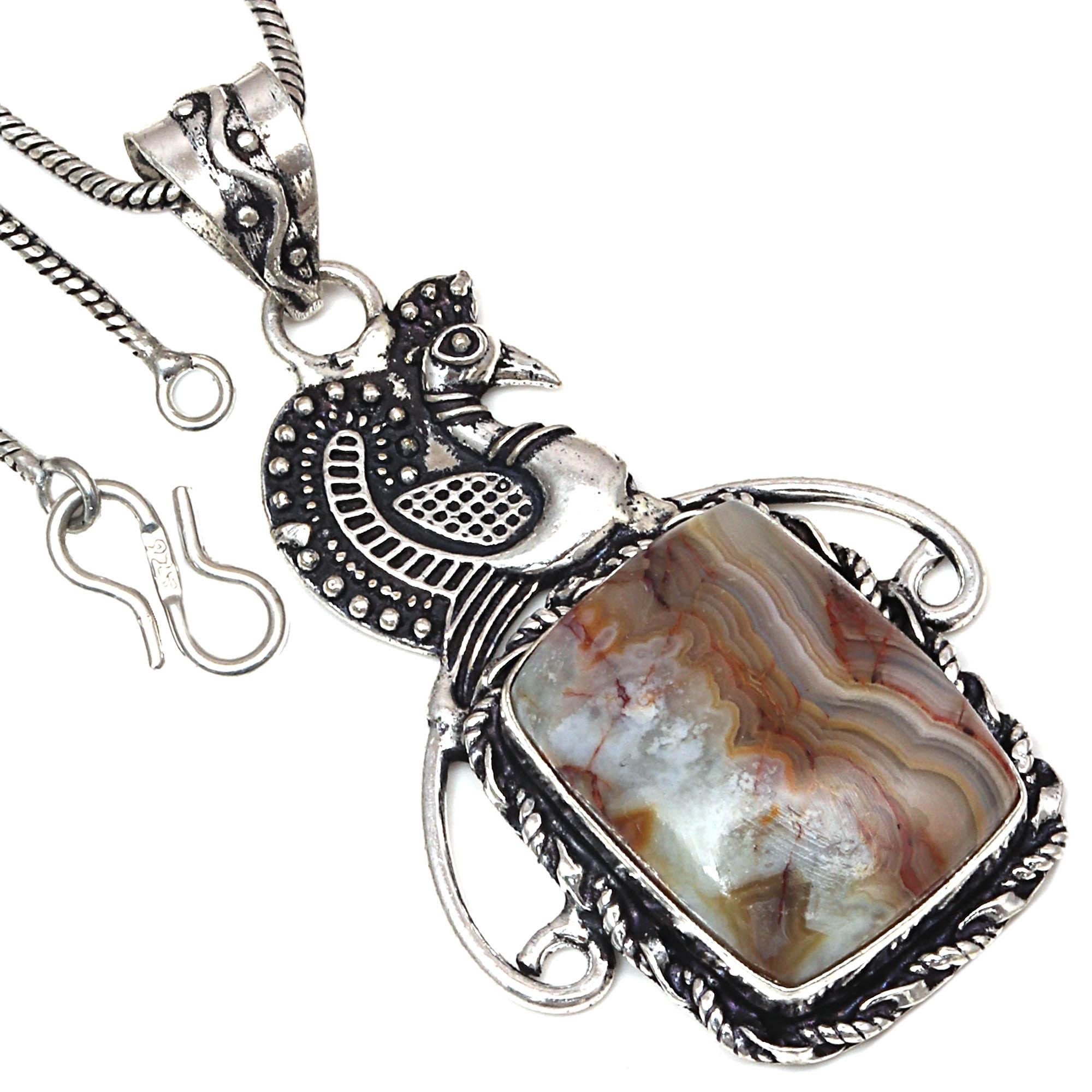 

Подвеска Crazy Lace Agate Gemstone Handmade Antique Silver Jewelry 2.25