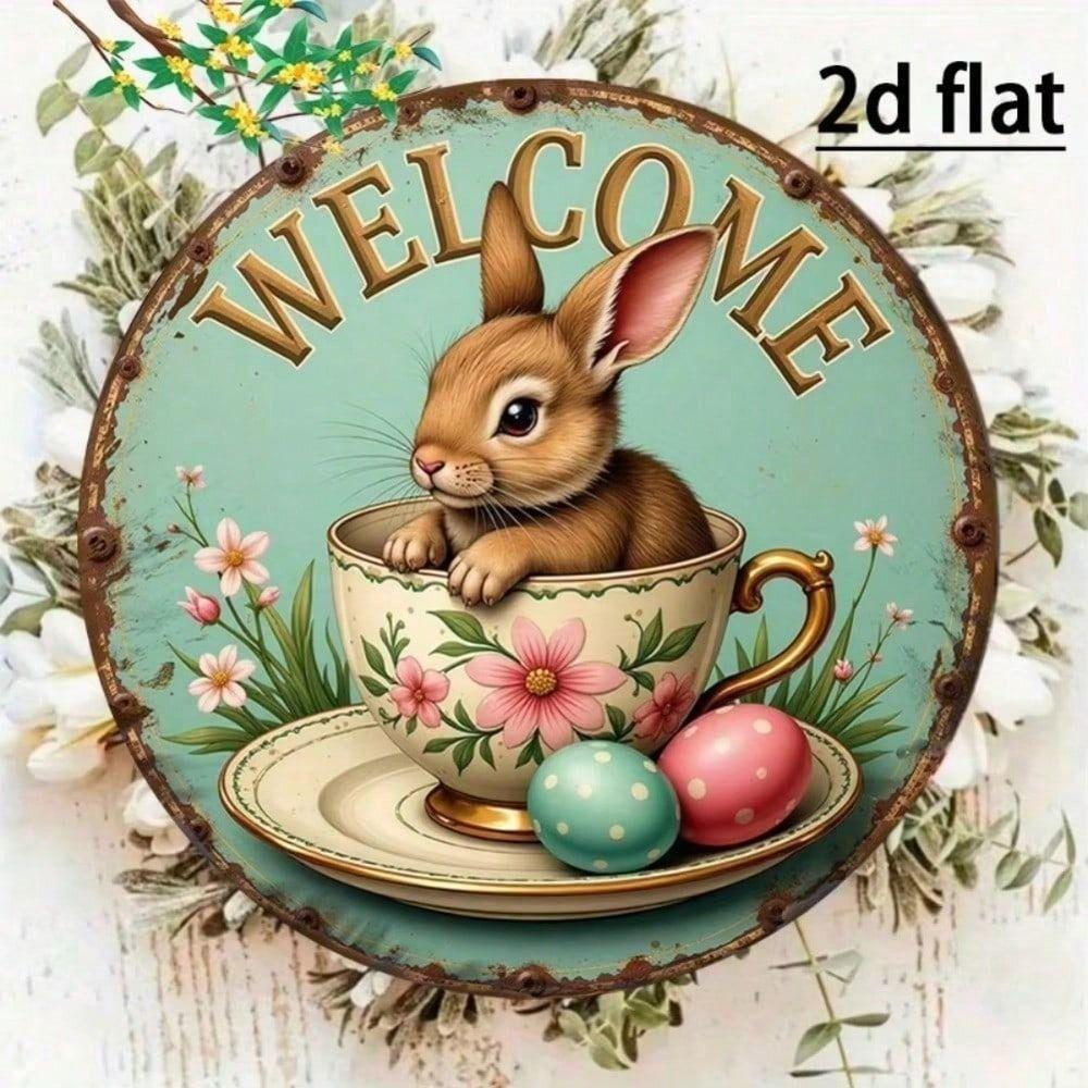 Metal Wall Art Rabbit Flower Spring Round 2D Aluminum for Living Room
