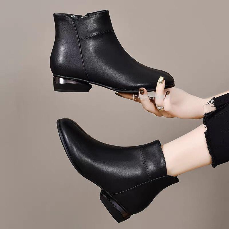 Cuir Talons Moyens Chaussures d'Hiver Mère Classiques Bottines Chelsea Bout Carré Fermeture Éclair Concises Rencontres Bottines