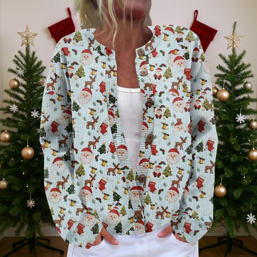 Dames Cardigan Langermet Lett Jakke med Morsomt Juleprint