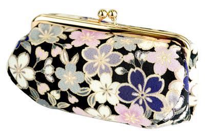 Uni Made In Futago Chirimen Japanese Pattern Cosmetic Pouch Blossom Navy (0105-10) Seni, Japan, [Cherry Design, Blue]