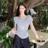 Pure Desire Style Three-dimensional Flower Short-sleeved T-shirt Women's Summer Design Swinging Collar Pleated Waist Top Ins