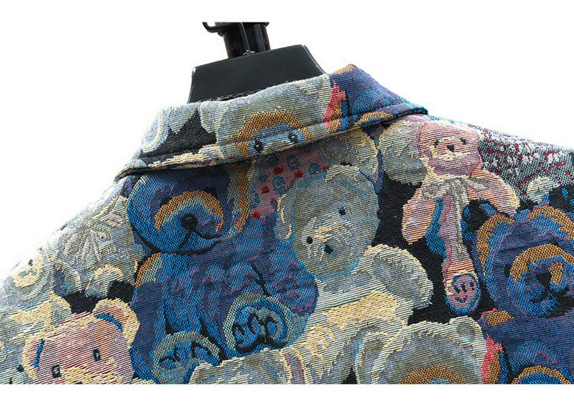 Men's Trendy Denim Bear & Flower Jacket - Cotton, Loose Fit, Wear-Resistant, Big Sizes Available