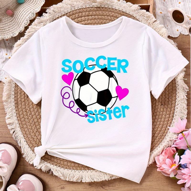 Girls Soccer Sister Letter Print Crewneck Short Sleeve Tee 110 белый