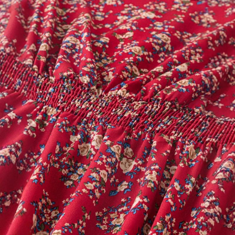 Women's Summer Crew-neck Broken Flower Bouquet Waist Swing Print Short-sleeved Dress