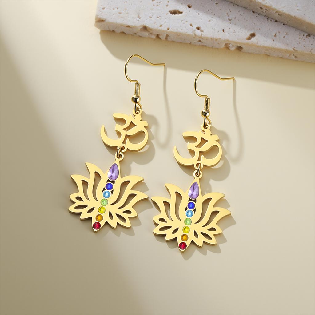 Cazador Lotus Flower Om Symbol Drop Earrings for Women Stainless Steel 7 Chakra Yoga Meditation Jewelry Earrings Amulet Gift
