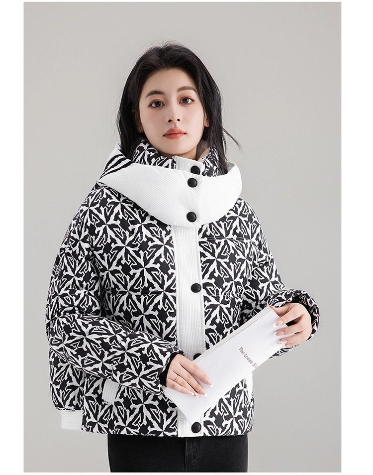 3D Printed Hooded Cotton-padded Jacket Women's Short Style