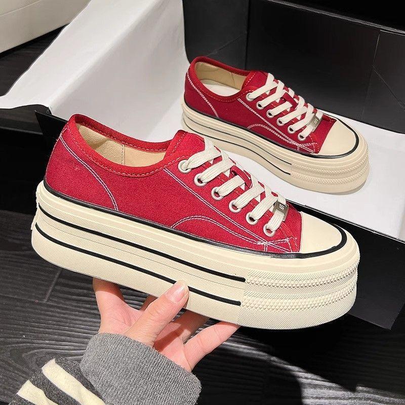 2025 New Women's Burgundy Canvas Shoes Chunky Sole Heightening Versatile Casual Layered Platform Sneakers