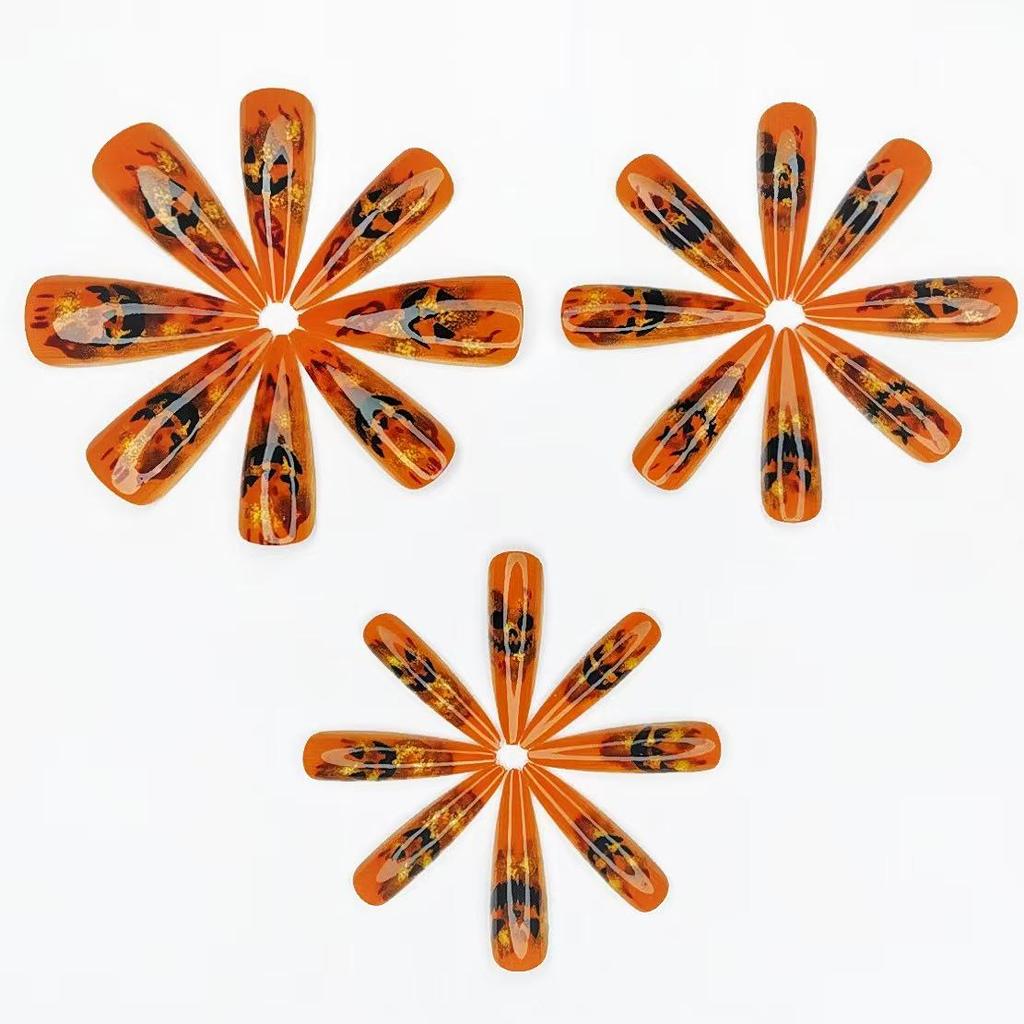 2025 Halloween Pumpkin Devil Face Long Pointed Nails - 24 Piece Set